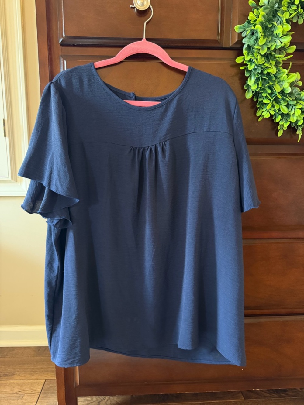 SHEIN Navy Flutter Sleeve Gathered Yoke Top